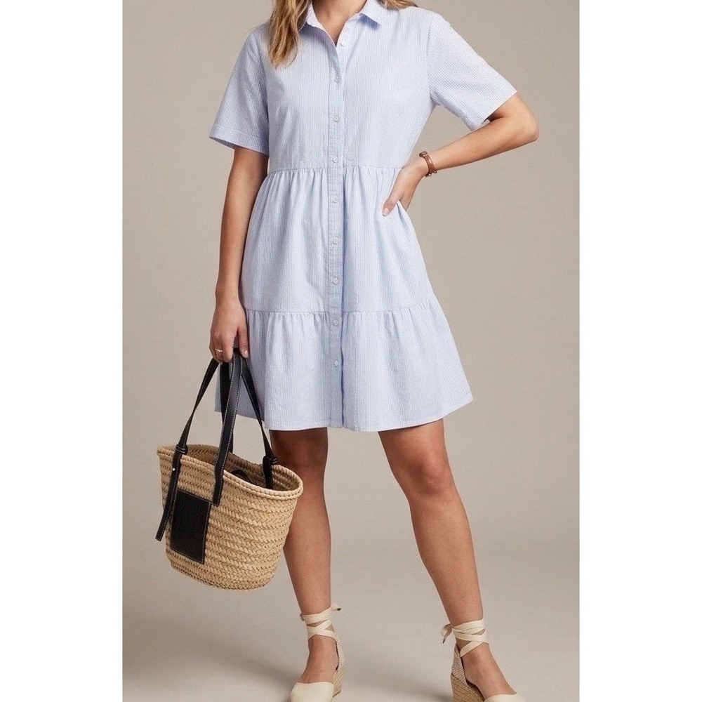 GAP Women's Mini Dress Blue‎ White Stripe Tiered Button Down - Large
